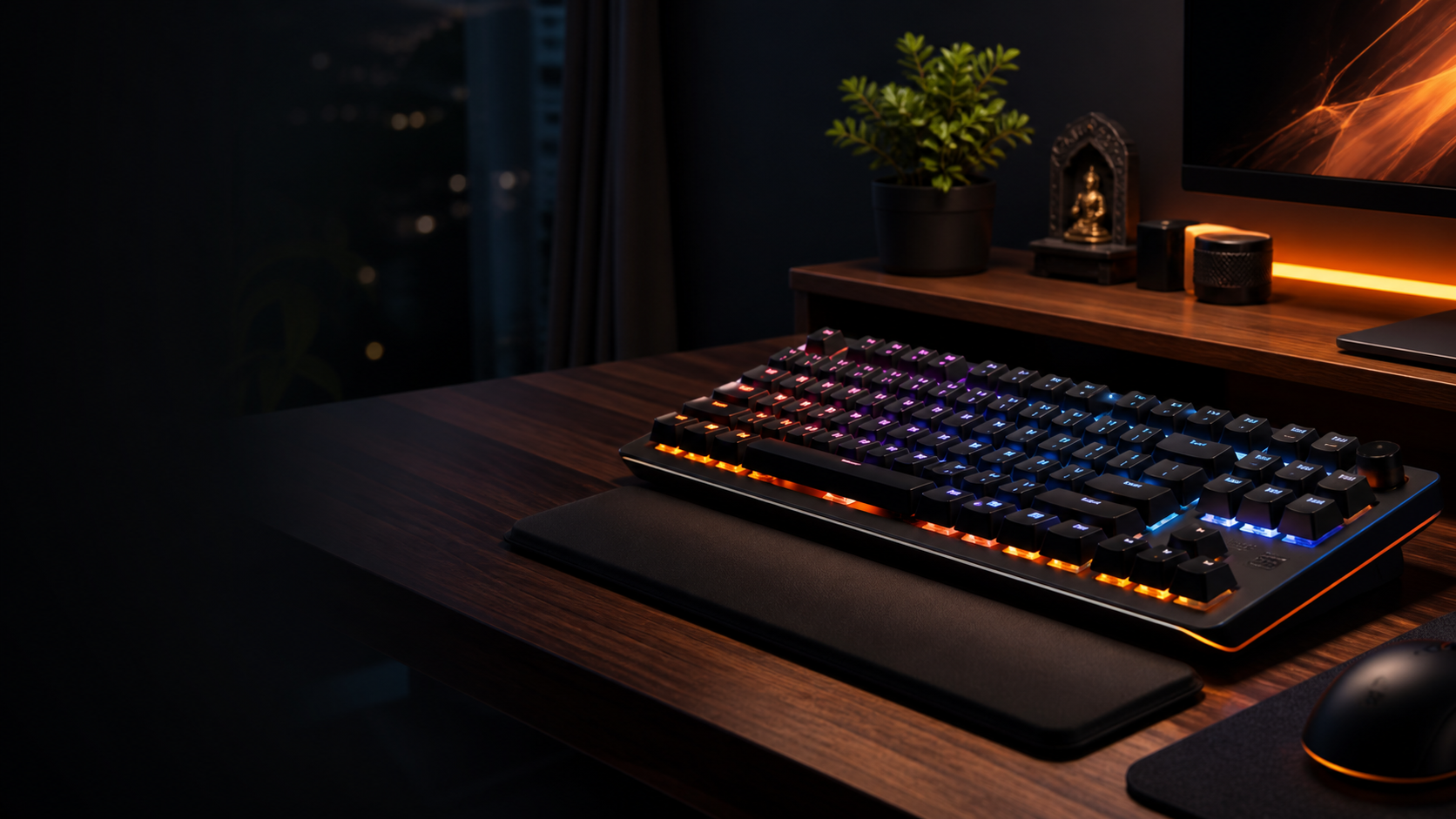 RGB mechanical keyboard on a modern Indian home office desk